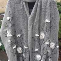 Knitted and embroidered mohair scarf with owls,soft and casual winter accessories,lovely Valentines 