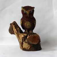 Vintage wooden owl sculpture, Hand carved figurine showing an owl on tree trunk, Lovely bird ornamen