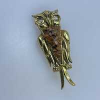 Vintage Pin Brooch Gold Toned Owl With Tiger Eye Stones Used