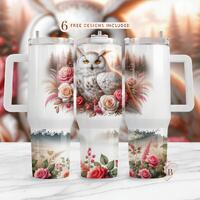 Snowy owl 40oz tumbler wrap, sublimation design, wildlife floral tumbler wrap, digital download, owl