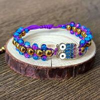 Lunar Owl - Handgemaakte kralenarmband met uil - Blauw, paars, goud - Luxe armband dames - Vrouwelij