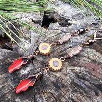 Flame red torch enamel with owl Czech bead long leaf boho dangle earrings