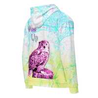 Owl Hoodie Jacket: Wise Up Message, Colorful nature theme, Unisex sizing, Bliss Art Style, 2XS to 6X