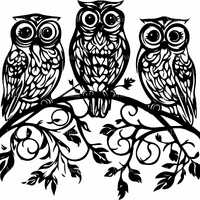 4 SVG Three Owls On Branch, Intricate Bird Wildlife Silhouette