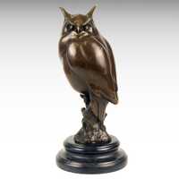 Owl Bronze Sculpture Modern Bronze Statue on Marble Base, Wisdom Symbol Animal Art Figurine, Long Ea