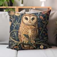 Vintage Owl Pillow, Woodland Creature Cushion, Floral Nature Decor, Rustic Farmhouse Throw Pillow, C