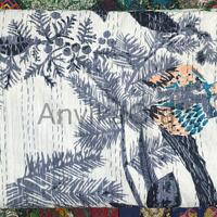 Handmade Owl Print Kantha Quilt: Indian Vintage Cotton Throw Blanket