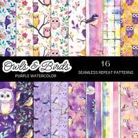Whimsical Watercolor Spring Owls Seamless Repeat Digital Papers, Birds Floral Scrapbook Paper,  Purp