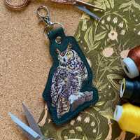 Great Horned Owl Cork Fabric Machine Embroidered Keychain