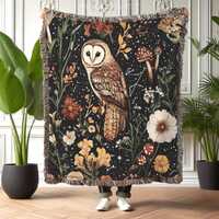 Dark Cottagecore Owl Woven Blanket: Botanical Boho Throw