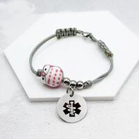 Girls Medical Alert Bracelet, Pink Owl Porcelain Bead, Fukuro