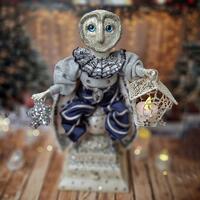 Snowy Christmas Owl Figurine – Poseable Winter Barn Owl Art Sculpture, Unique Holiday Decor &a