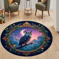 Mystical Owl Round Rug, Moonlit Night Rug, Enchanted Forest Decor, Boho Animal Art, Cozy Living Room