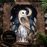 Barn owl on crystal rock, DIGITAL illustration, woodland animal, esoteric nature artwork, moon, leav