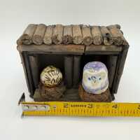 Pottery Owls and Wood Nest Folk Art Pottery Owls Pottery Mini Owls with Wood Owl Box Hand Glazed and