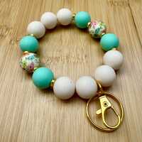 Teal and owl beaded keychain wristlet