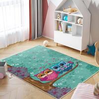 Colorful Owl Nursery Carpet-Playful Stars Branch Scenic Rug-Cartoon Animal Kids Room Rug-Turquoise B