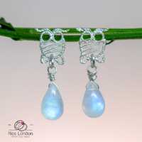 Sterling Silver Owl Earrings: Rainbow Moonstone Teardrop, Wire Wrapped
