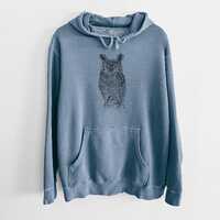 Owl Pigment Dyed Soft Hoodie Sweatshirt - Hand Drawn, Wildlife sweatshirt, Great Horned Owl