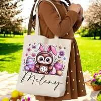 Owl Easter Tote Bag, Bunny Ears Egg Design, Spring Holiday Gift, Kids Easter Basket, Girls Easter Hu