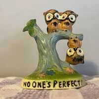 3 owls in tree “No one’s perfect” Ceramic Figure Vintage 1970’s Taiwan Cute 