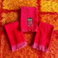 Vintage Red Embroidered Owl Fingertip Hand Towel Set of Three / Vintage Owl Fingertip Hand Towels / 