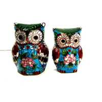 Pair of Cloisonne Owls in Greens and Blues with Floral Design, Enamel over Brass Mama and Baby Owl S