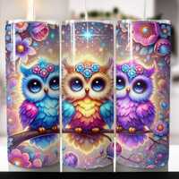 Owls and flowers 20oz skinny tumbler sublimation design Watercolor animal Floral Seamless digital PN