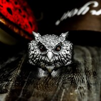 Realistic owl gemstone eyes 925 silver ring - simple pet owl faceted animal gothic silver ring - vik