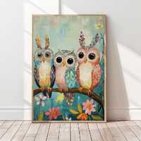 Owl Painting Spring Animal Print Colorful Owl Print Whimsical Nature Print Forest Animal Spring Nurs