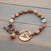 Owl bracelet, flat round copper engraving, pastel earth tones jewelry, Ex Libris bookplate, 7 3/4 in
