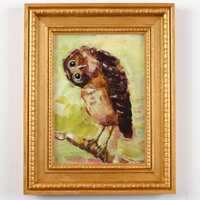 Owl on Branch Original Painting: Hand-Painted Bird Artwork, Funny Handcrafted Art on Canvas