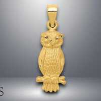 14K Yellow Gold Satin Diamond-cut Owl Pendant with Necklace Chain Options