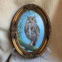 Owl Small Framed Oil Painting - Symbol of Wisdom - Graduation Gift - Hand Painted Owl Vintage Style 
