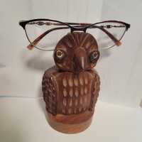 Vintage Hand Carved Wooden Eyeglasses Holder Owl Figurine