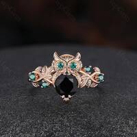 Vintage black onyx engagement ring Unique owl design ring Rose gold black onyx & emerald cluster