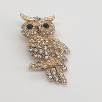 Vintage Gold Toned Crystal Bird Barn Owl Brooch Pin