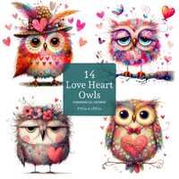 Love Heart Owl Clipart, 14 High Quality PNGs/JPGs, Valentine Birds, Paper & Digital Crafting, Wh