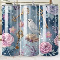 20 oz Digital Magical Tumbler Wrap Owl and Floral Design Keys Flowers Sublimation Wrap for Tumblers 
