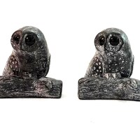 6.5 cm Two Small Owl Figurines on Soapstone Log by The Wolf Original. Made in Canada. Collectible.