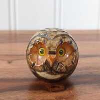 Mid Century Alabaster Round Carved Owl Paperweight, Hand Carved, Likely 1960s
