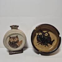 Vintage Owl Themed Bottle & Ashtray - Brown / Beige Shades - Glazed and Unglazed