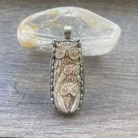 Carved Bone Owl Pendant: Tibetan Silver Owl Jewelry (2.5” Long)