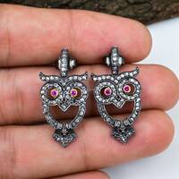 Natural Ruby Owl Stud Earring, Bird Earring, 925 Sterling Silver, Pave Diamond Jewelry, Unique Gift 