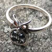 Dainty Sterling Silver Owl Ring with Black Spinel Stones, Size 6.75