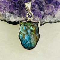Splendid Blue carved Labradorite silver pendant, Owl shape