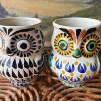 Vintage Mexican Hand-Painted Owl Mugs – Colorful Folk Art Pottery – Mugs Pen, Brushes,Sp