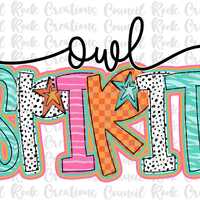 Owl Spirit  png, Colorful, Checkered, Zebra Print, Dalmatian Dots, Hand Lettered, School Spirit, Dig