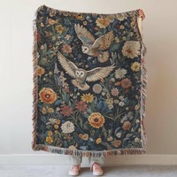 Owl Tapestry, Woven Owl Blanket: Cottagecore Forest Cotton Throw