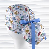 Owls Ponytail Scrub Cap for Women, Blue Green White, Satin Lining and Buttons Options, Long Hair, Su